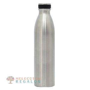 Vista frontal de botella térmica de 1000 ml color acero