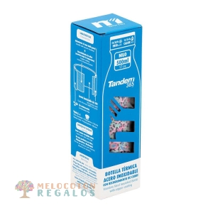 Vista frontal de botella térmica de acero inoxidable en caja de cartón.