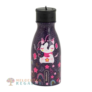 Vista frontal de botella térmica de 350 ml de acero inoxidable.