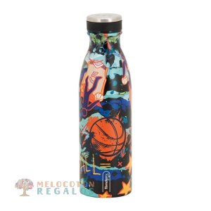 Vista frontal de botella térmica de acero inoxidable de 500 ml.