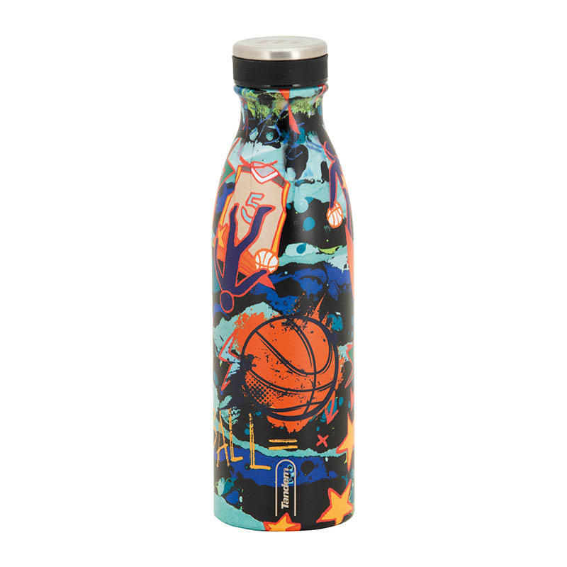 botella-infantil-de-baloncesto (1) Vista frontal de botella térmica de acero inoxidable de 500 ml.