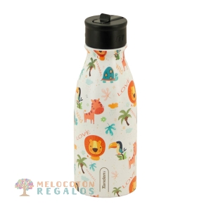 Vista frontal de botella térmica de acero inoxidable de 350 ml.