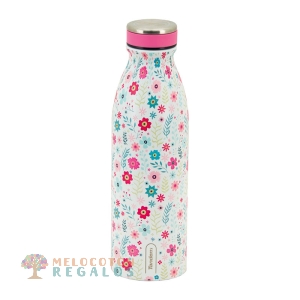 Vista frontal de botella térmica de acero inoxidable de 500 ml.