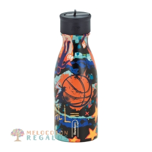 Vista frontal de botella térmica de acero inoxidable de 350 ml.