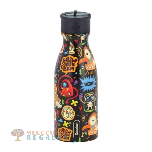 Vista frontal de botella térmica de acero inoxidable de 350 ml.