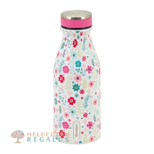 Vista frontal de botella térmica de acero inoxidable de 350 ml.