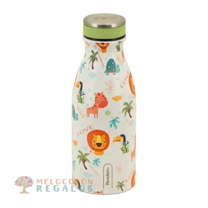 Vista frontal de botella térmica de acero inoxidable de 350 ml.