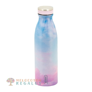 Vista frontal de botella térmica de acero inoxidable de 500 ml.