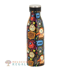 Vista frontal de botella térmica de acero inoxidable de 500 ml.