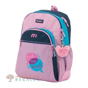 Vista frontal de mochila doble cuerpo con gomas.