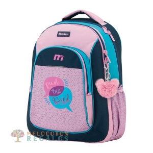 Vista frontal de mochila doble cuerpo con gomas.