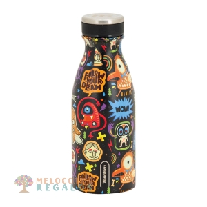 Vista frontal de botella térmica de acero inoxidable de 350 ml.