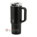 Vista frontal de taza térmica de acero inoxidable.