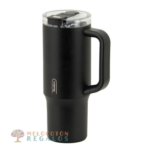 Vista frontal de taza térmica de acero inoxidable.