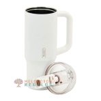 Vista frontal de taza térmica de acero inoxidable.