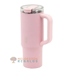 Vista frontal de taza térmica de acero inoxidable.