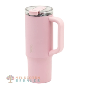 Vista frontal de taza térmica de acero inoxidable.