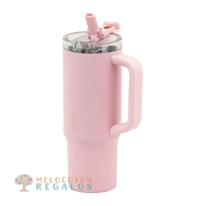 Vista frontal de taza térmica de acero inoxidable.