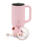 Vista frontal de taza térmica de acero inoxidable.