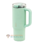 Vista frontal de taza térmica de acero inoxidable.