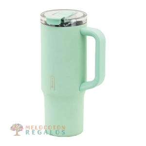 Vista frontal de taza térmica de acero inoxidable.