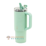 Vista frontal de taza térmica de acero inoxidable.