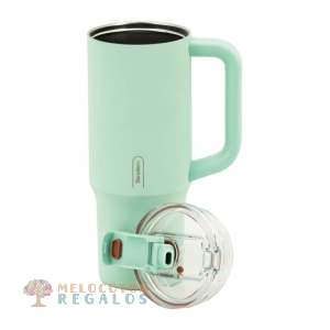 Vista frontal de taza térmica de acero inoxidable.