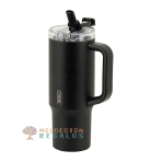 Vista frontal de taza térmica de acero inoxidable.