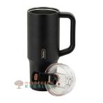 Vista frontal de taza térmica de acero inoxidable.