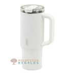 Vista frontal de taza térmica de acero inoxidable.