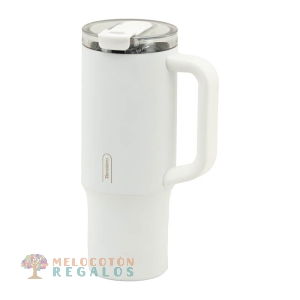 Vista frontal de taza térmica de acero inoxidable.