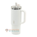 Vista frontal de taza térmica de acero inoxidable.