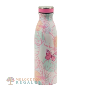 Vista frontal de botella térmica de acero inoxidable.