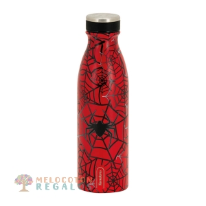 Vista frontal de botella térmica de acero inoxidable.