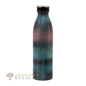 Vista frontal de botella térmica de acero inoxidable.