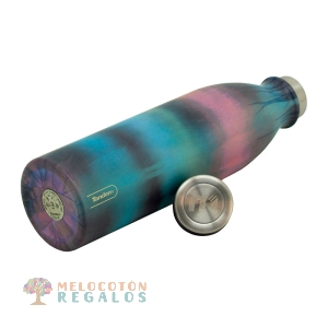 Vista frontal de botella térmica de acero inoxidable.