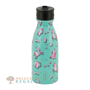 Vista frontal de botella térmica de acero inoxidable.