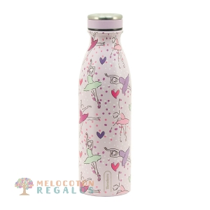 Vista frontal de botella térmica de acero inoxidable.