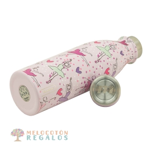 Vista frontal de botella térmica de acero inoxidable.