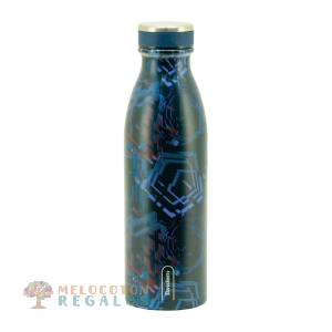 Vista frontal de botella térmica de acero inoxidable.