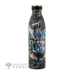 Vista frontal de botella térmica de acero inoxidable.