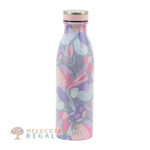 Vista frontal de botella térmica de acero inoxidable.