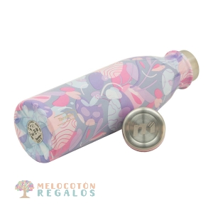 Vista frontal de botella térmica de acero inoxidable.