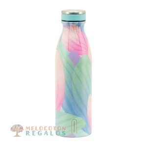 Vista frontal de botella térmica de acero inoxidable.