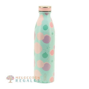 Vista frontal de botella térmica de acero inoxidable.