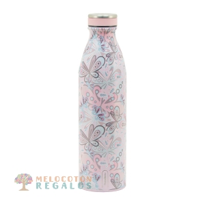 Vista frontal de botella térmica de acero inoxidable.