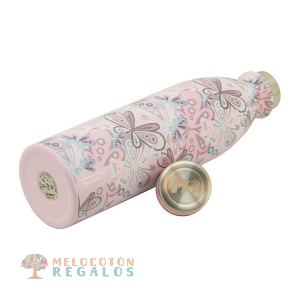 Vista frontal de botella térmica de acero inoxidable.