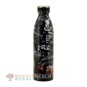 Vista frontal de botella térmica de acero inoxidable.