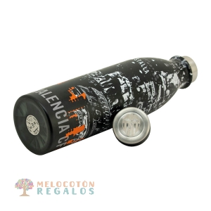 Vista frontal de botella térmica de acero inoxidable.