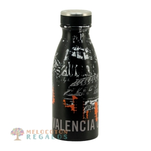 Vista frontal de botella térmica de acero inoxidable.